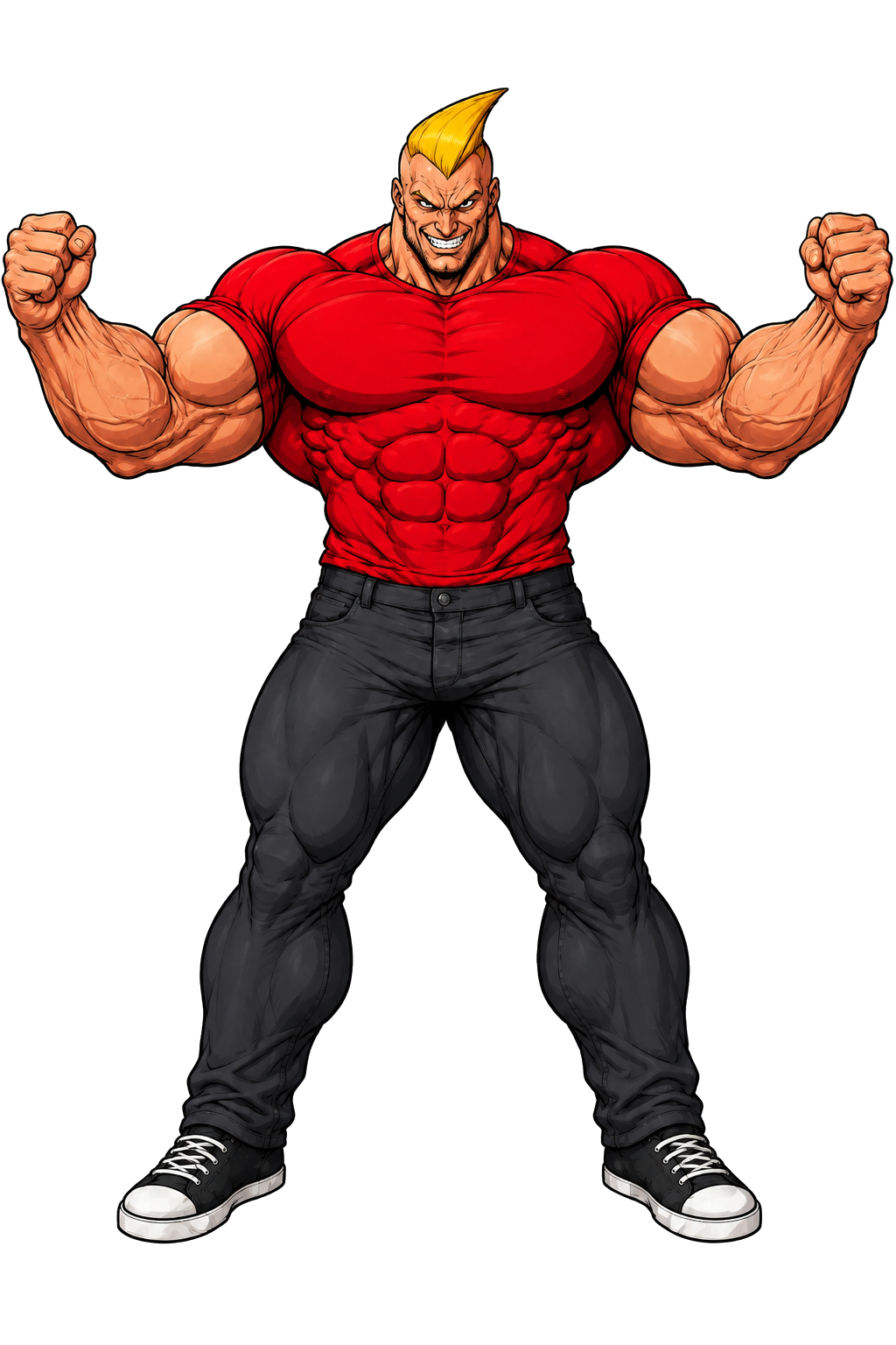 ROT-1 flexing with a powerful evil expression and arms raised wide
